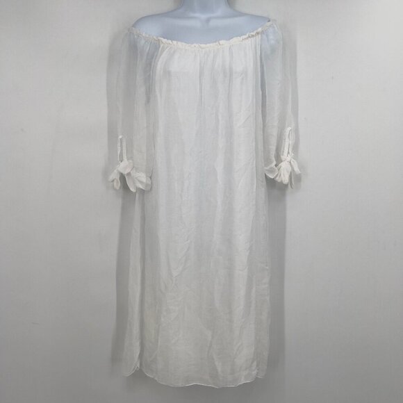 SOFIA Dresses & Skirts - Sofia Off-the-Shoulder White Sheer Midi Dress – Tie Sleeve Detail – Size S NWT